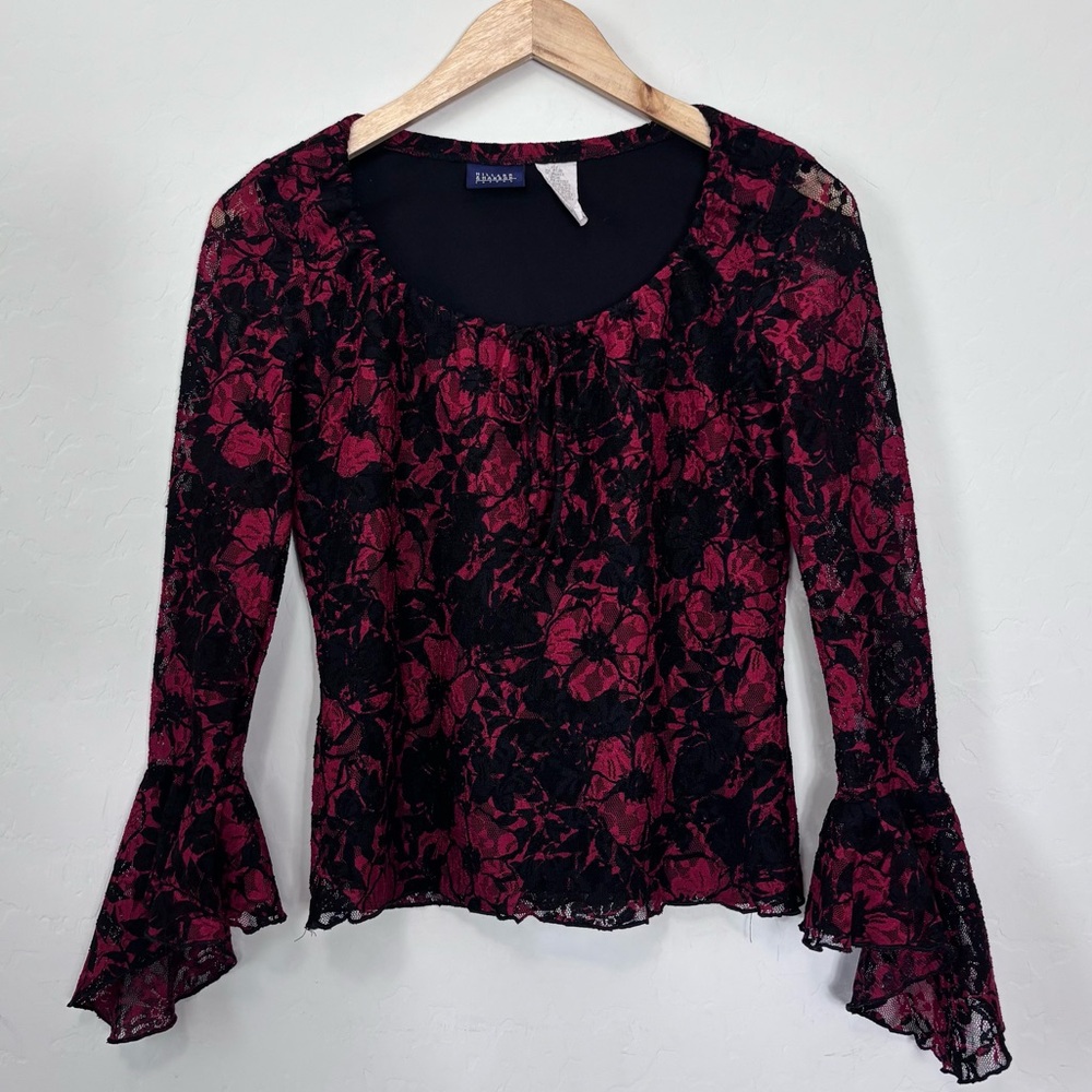 Vintage Y2K Red & Black Floral Lace Ruffle Sleeve Top Whimsigoth Fairy